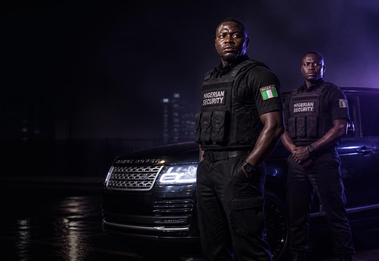 TheColiz Guard protection officers beside a luxury vehicle at night